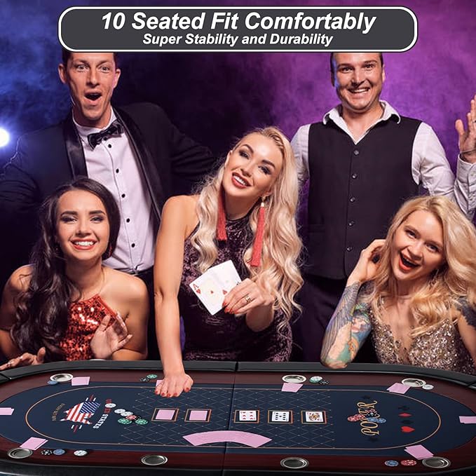 10 Player Foldable Poker Table, 86" Large Professional Folding Texas Holdem Poker Card Table, Portable Casino Table for Game Room with Padded Rails & Cup Holders