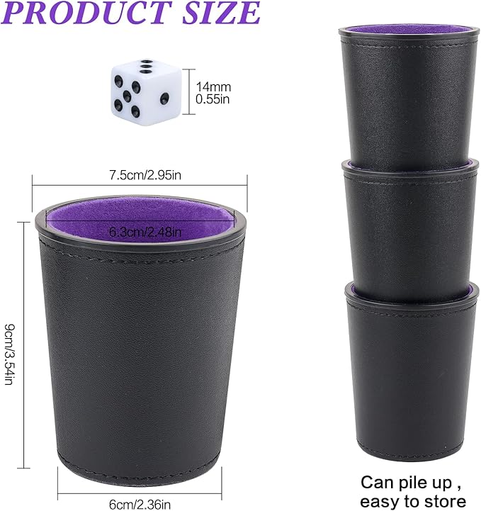 Felt-Lined PU Leather Dice Cup Set, 6 Quiet Dice Shaker Cups with 36 Dices for Bar Party Yahtzee Farkle Dice Games, Purple