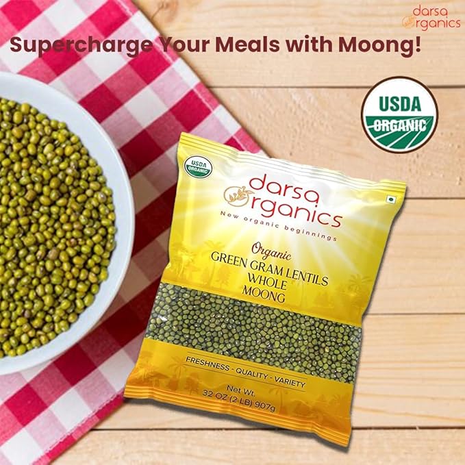 Darsa Organics Whole Green Moong (Mung) Bean Lentils 2 lb ??USDA Organic, Non-GMO, Kosher, Gluten-Free | Protein & Fiber Rich | Perfect for Sprouting, Soups & Salads