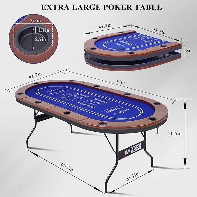 Foldable Poker Table for 10 Players, 84" Folding Blackjack Texas Holdem Table, Portable Casino Leisure Card Board Game Table with Cup Holders and Padded Rails for Game Room (Brown)