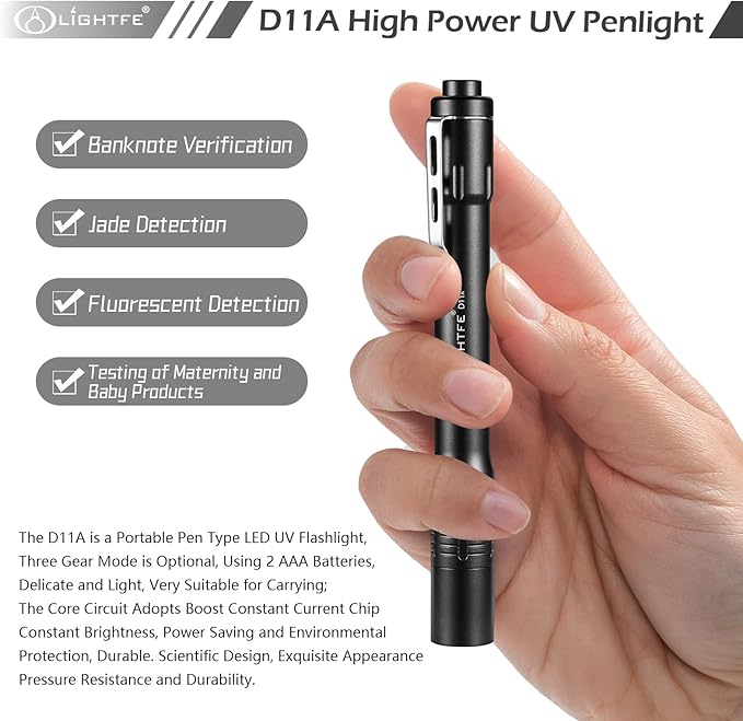 LIGHTFE Black Light D11A 395nm Ultraviolet Flashlight with high-Power Ultraviolet LED Light Source Suitable for UV Glue Curing, Rock Mineral Detection, pet Urine Detection lamp, AC Leak Detector