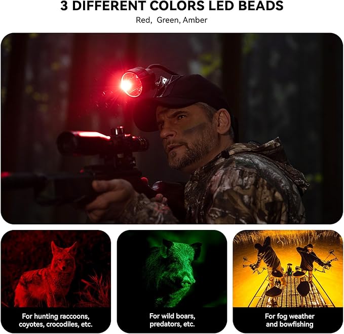 10W Coon Hunting Lights Headlamp for Coyotes Hog Predators, Rechargeable & IPX5 Waterproof, 6 Lighting Modes, 600 Lumens Bright 4-Color LED (White Red Green Amber) with Black Hunting Hat