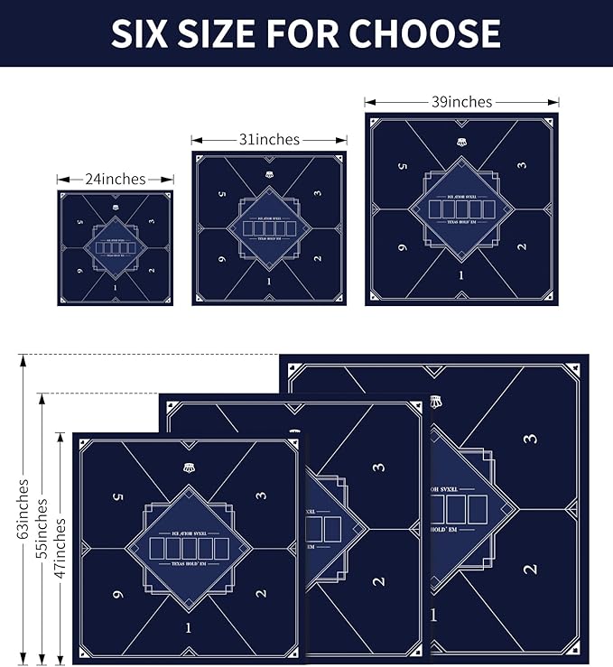 nuveti 24/31/39/47/55/63 inch Square Foldable 6-Player Texas Poker Card Tabletop Layout Portable Anti-Slip Rubber Board Game Mat Texas Hold'em Poker Mat for Family Game, Casino, Party