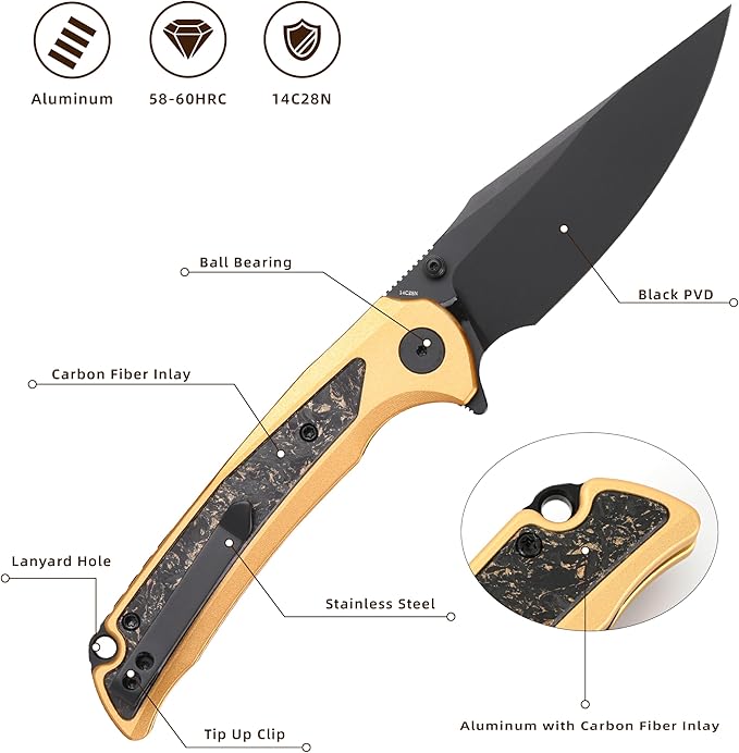 EDC Pocket Knife, 3.6" 14C28N Clip Point Folding Knife, Aluminium With Steel Inlay Handle and Liner Lock, Camping Hiking Hunting Outdoor Knives