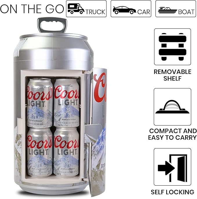 Coors Light Mini Fridge - Refrigerator for Bedroom Office, Portable Table Top Beverage Cooler, 12V 110V Refrigerador For Drinks, Soda, Wines, Use In Car, Dorm, Outdoor, 8 Can