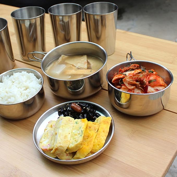 Stainless Steel Camping Cookware Set with Pot, Pan, Plates and Cups, Portable Folding Outdoor Cooking Kit for Picnic, BBQ and Travel