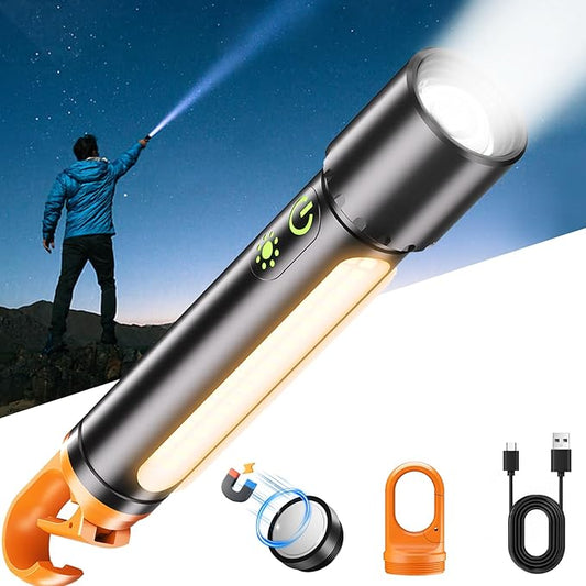 Rechargeable Magnetic Flashlights, LED High Lumens Flashlight Super Bright with 9 Modes, Waterproof Flashlight with Flashing Mode, Camping Essentials for Kids, Men, Women, Hiking & Outdoor Use