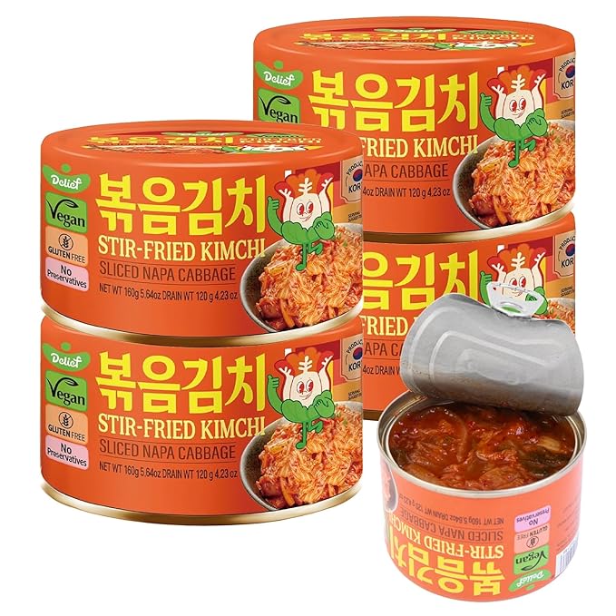 DELIEF Stir-Fried Cabbage Kimchi - Authentic Korean Cabbage, Vegan, Gluten-Free, Shelf-Stable Canned, No Preservatives, 5.64 oz/160 g (4 Packs)