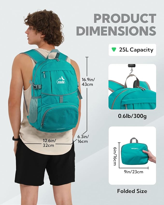 WATERFLY Hiking Foldable Daypack Backpack: 25L Ultra Lightweight Waterproof Day Pack for Woman Man - Small Compact Packable Folding Back Pack for Outdoor Sport Cycling Biking Travel Trip - Turquoise