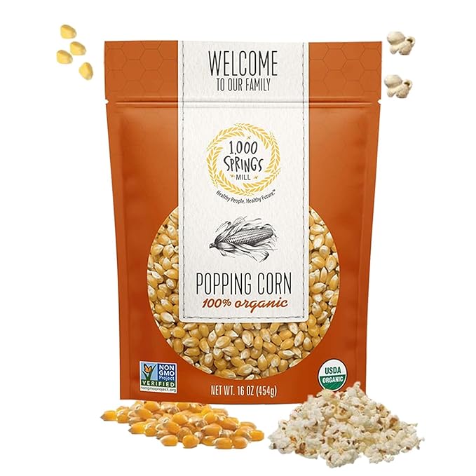 1000 Springs Mill Organic Dry Popcorn Kernels - Non-GMO, Healthy Snack for Microwave or Stovetop - Bulk Organic Popcorn Kernels with Resealable Bag - Enjoy Fresh & Crisp Popcorn - 16oz (Pack of 1)