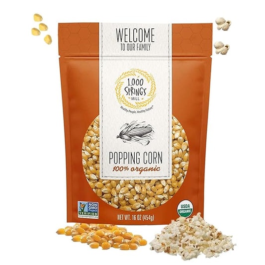 1000 Springs Mill Organic Dry Popcorn Kernels - Non-GMO, Healthy Snack for Microwave or Stovetop - Bulk Organic Popcorn Kernels with Resealable Bag - Enjoy Fresh & Crisp Popcorn - 16oz (Pack of 1)