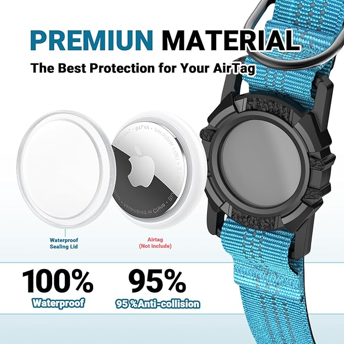 AirTag Dog Collar and Leash, IP68 Waterproof Integrated with Reflective, Ultra-Durable, Comfortable Padded, Heavy Duty Dog Collars for Small Medium Large Dogs, L (14.8"-20.3"), Blue