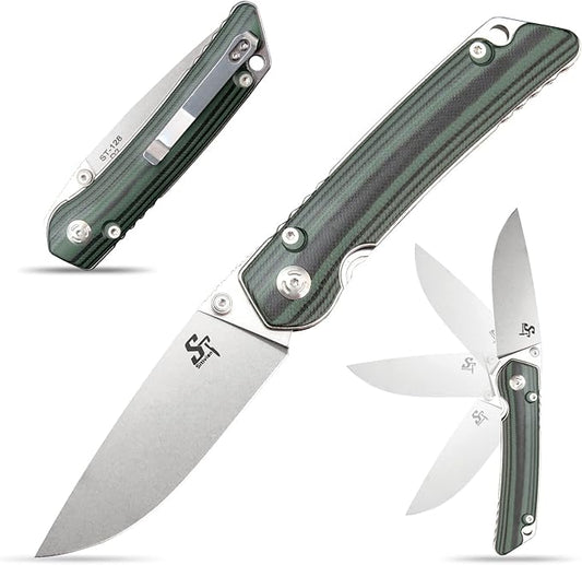 Sitivien ST128 Folding Knife,D2 Blade G10 Handle Safety Liner Lock EDC Tool Knife for Outdoor Hiking Camping-Green