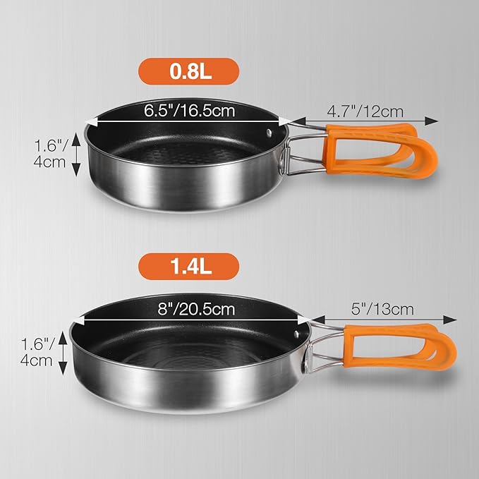 REDCAMP Nonstick Frying Pan Set 2 Piece, 10, 12 Inch Stainless Steel Frying Pan, Lightweight Camping Skillet for Cooking Egg Steak, Outdoor Kitchen Equipment Gear, Portable Backpacking Cooking Pan