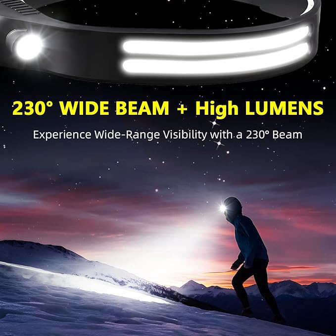 LED Headlamp Rechargeable 2PCS - 230° COB Super Bright Head Lights for Forehead, Hard hat Light for Adults, USB C Headband Flashlight for Work, Hiking, Running, Camping Essentials Gear