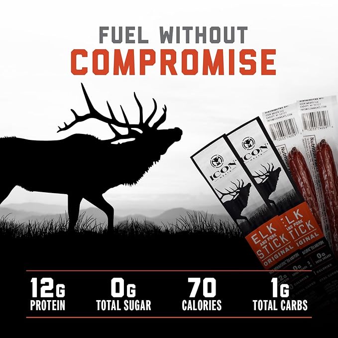ICON Meats Elk and Pork Snack Sticks - Original Flavor - 24 Pack of Individually Wrapped Jerky Meat Sticks, USDA Approved, All Natural, Diet Friendly, High Protein, Low Calorie, Sugar Free