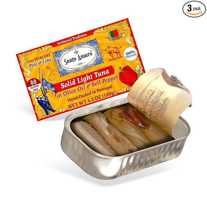 Santo Amaro - Artisanal Wild Tuna Fillets in Olive Oil & Red Bell Pepper, Pole & Line Caught Tuna from Portugal, Hand-Packed Sevilla-Style Canned Tuna Fish, 22g Protein, Keto, Low Mercury, Pack of 3