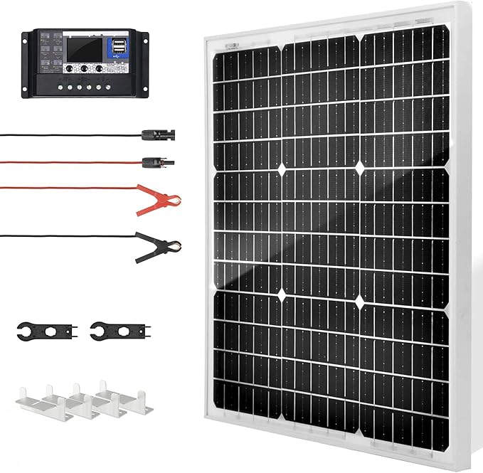 50 Watt 12 Volt Monocrystalline Solar Panel Kit, with 30A 12V/24V PWM Charge Controller for Outdoor RV Boat Trailer Camper Marine Off-Grid Home (50 Watt with Accessories)