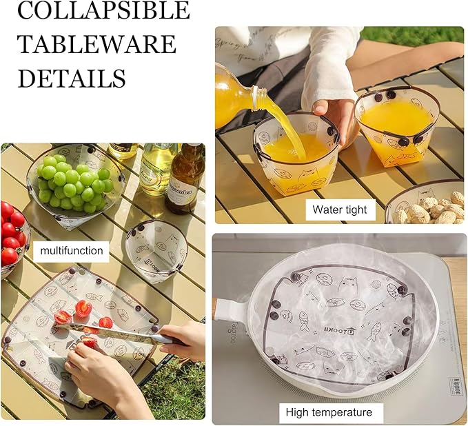 MIUPOO Collapsible Plate Set,Portable Mess Kit,Food Grade Material Free Folding Plate for Lunch Family Picnic, 8×7.5×2.2 Inches,4 Pieces.