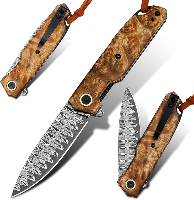 VNLA Damascus Folding Pocket Knife,Handmade knife,Forged Damascus Steel Blade,handle made of maple Wood leaf.with Reversible Pocket Clip,Suitable for Hiking carry EDC