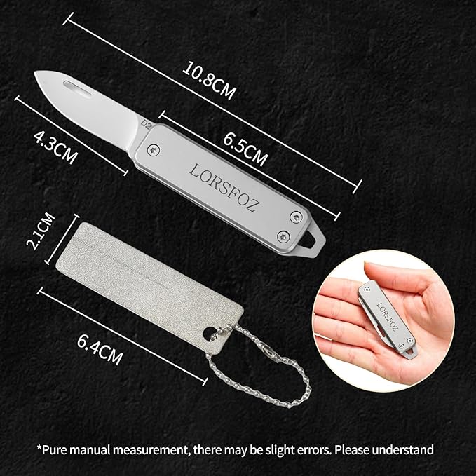 Stainless steel mini folding knife, portable key chain knife and small portable grindstone and outdoor fishing hook grinding tool, suitable for camping, hiking and outdoor. (silvery white)