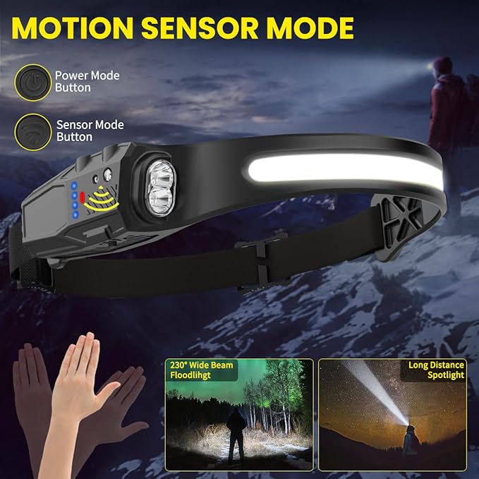Headlamp Rechargeable 6Pack, 230° Wide Beam LED Headlamp, 7Mode Headlamps for Adults, Head Lamp with Motion Sensor, Red Light Head Lamps LED Rechargeable, Head Lights for Forehead Running Camping