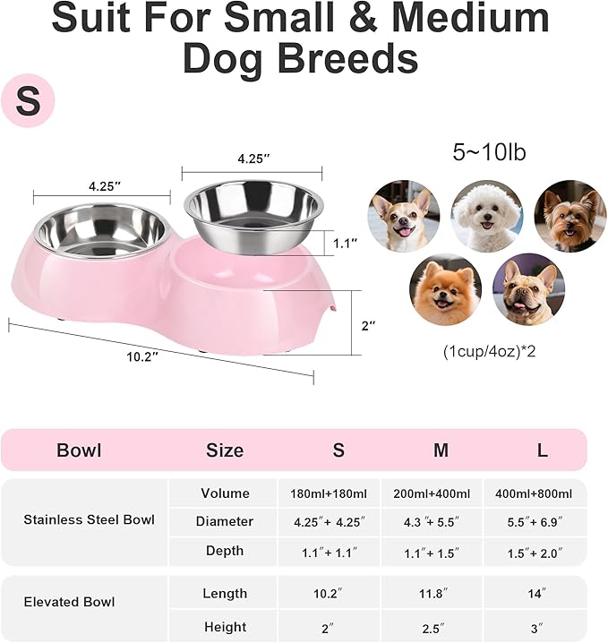 Stainless Steel Dog Bowls Set ??Dual Non-Slip Pet Dishes with 2 Small (4oz*2) Bowls & Durable Resin Stand,Food & Water Feeder for Puppies and Kittens??Pink