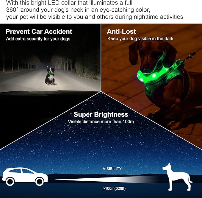 CHUKCHI LED Dog Collar Rechargeable,Waterproof Flashing Collar,Light Up Glow Collar, Adjustable Soft Safety Light Up for Small Medium Large Dogs Walking Camping at Night (Green-L)