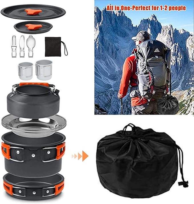 Camping Cooking Set Camping Cookware Outdoor Aluminum Mess Kit with Frying Pan, Pot with Lid, 1.2L Kettle Set and 2 Stainless Steel Plate, 2 Folding Cups and 2 Set Knives Spoons for Backpacking Picnic
