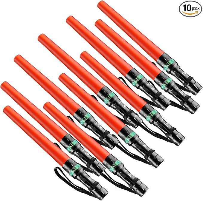RoadHero 10 Pieces 16 Inch Traffic Wand with Strobe Modes LED Safety Signal Flashlight Wand with Wrist Strap and Side Clip for Traffic Control, Parking, Using 3 AAA Batteries, Batteries Not Included