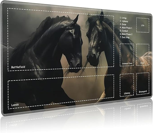 Playmat for MTG with Zones, 24 x 14 inches Game Play Mat for MTG TCG, Trading Card Game Play Mat Desk Mats with Stitched Edges Non-Slip Base, Two Horses