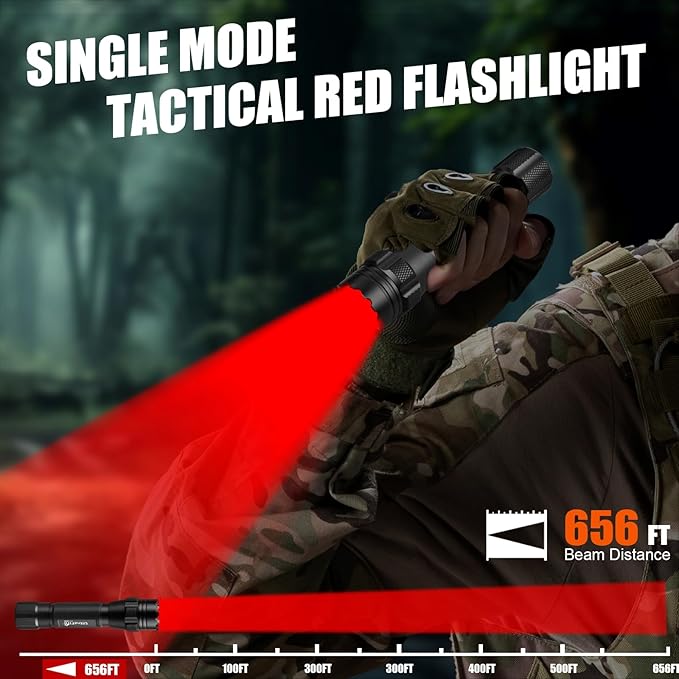 ULTRAFIRE Tactical Red Flashlight, 620nm-630nm High Purity Red LED Hunting Light,Super Bright 218 Yards Long Range Single Mode for Night Observation & Coyote Hog Predator (T1 Ultra-R)