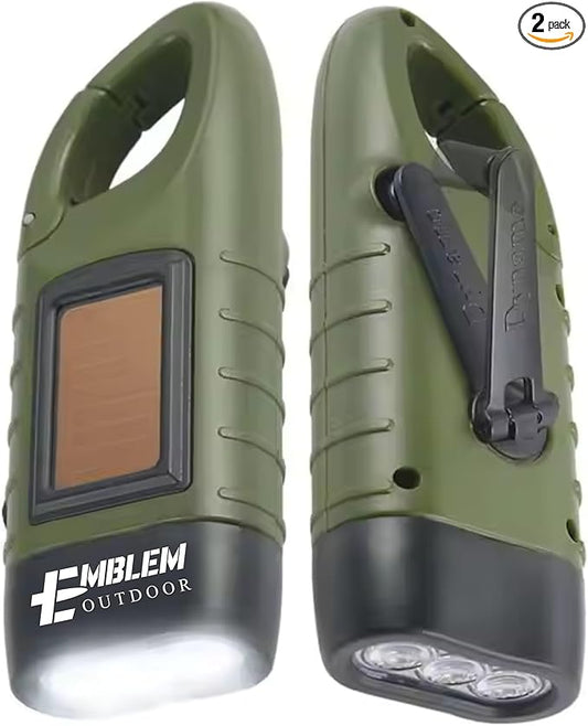 Emblem OD Hand Crank Solar Powered Flashlight, Emergency Rechargeable LED Survival Flashlight with Dynamo Crank and Carbiner Clip. Solar Rechargeable No Batteries Req. Go Bag Supplies. Green - 2 Pack