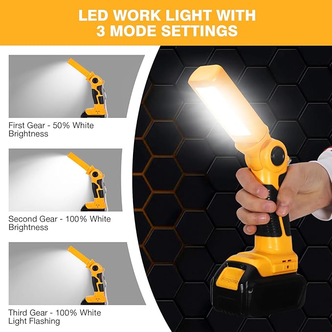 YEX-BUR Led Work Light for Dewalt 20v Battery, 12W 1000LM Cordless Handheld Spotlight with USB Port LED Jobsite Light Desk Lamp Flashlight for Camping Workshop Garage