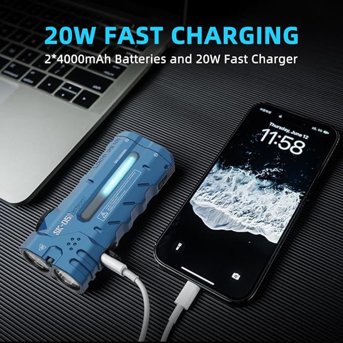 SK05PRO 4360 Lumens Flat EDC Flashlight, 8000mAh Rechargable Flash Light Combines Floodlight Spotlight and Sidelight Idea for Emergency Camping - IP68 with Magnetic and Back Clip