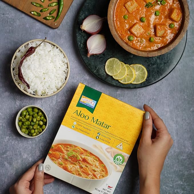 Ashoka Instant Meals 1932, All-Natural Vegan Potatoes & Peas, Kosher Certified Microwaveable Meals, Ready to Eat Indian Food, Aloo Matar, Flavorful Lunch Meal, No Preservatives, Pack of 5