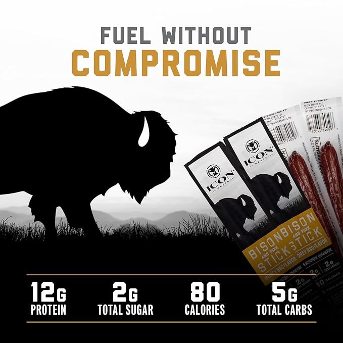 ICON Meats Bison and Pork Snack Sticks - Honey BBQ Flavor - 24 Pack of Individually Wrapped Jerky Meat Sticks, USDA Approved, All Natural, Diet Friendly, High Protein, Low Calorie, Low Sugar