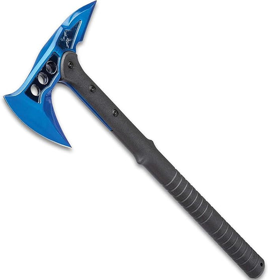 M48 Blue Tactical Tomahawk Axe and Snap On M48 Sheath - Hawk Axe, Blue Stainless Steel Blade, Piercing Spike, Grippy Reinforced Fiberglass Handle, Made for Door Breaching and Chopping - Length 15”