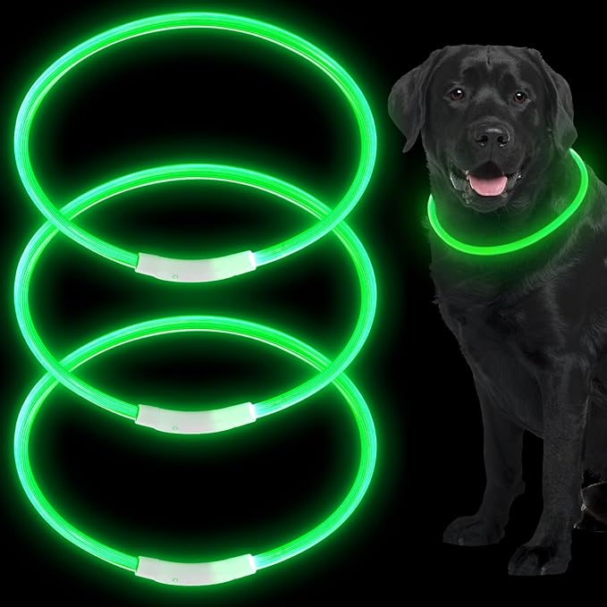 Weewooday 3 Pcs Dog Collar LED USB Rechargeable Lights Dog Necklace Collars Doggy Lights for Night Walking Adjustable Safety Lamp Pet Collars for Large Medium Small Puppy Pet(Green,Classic Style)