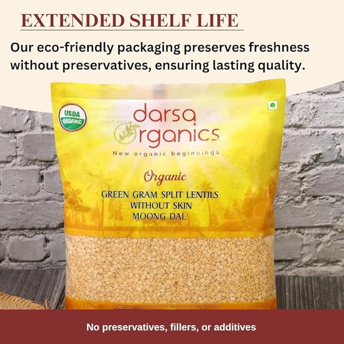 Darsa Organics Yellow Moong Dal (Split Yellow Mung Beans) 2 lb - USDA Organic, Non-GMO, Chemical-Free, Kosher - Protein-Rich Yellow Lentils for Khichdi, Soups, Salads & Stews