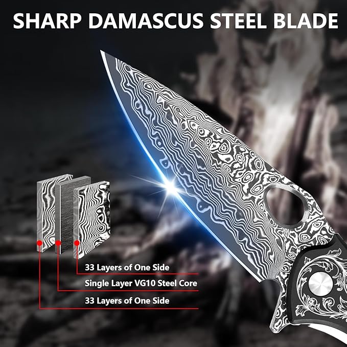 KOMWERO Damascus Pocket Knife with 2.95" VG10 Steel Blade, Folding Knife with Aluminum Alloy Non-Slip Handle, EDC Knife with Leather Sheath and Pocket Clip for Men Women Camping Survival Hiking