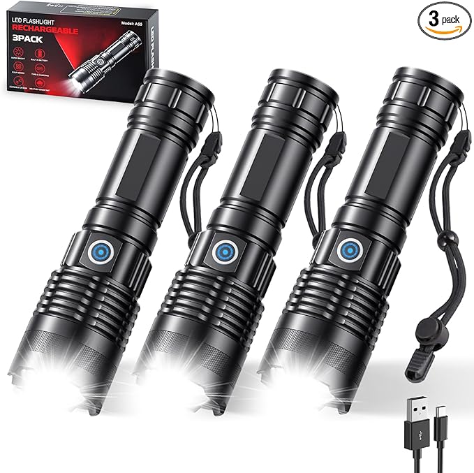 Rechargeable Flashlights High Lumens, 3 Pack Super Bright Tactical Flashlight With Adjustable Lighting Modes, Zoomable Handheld Led Flash Light For Camping Emergency Home Gift (Battery Included)