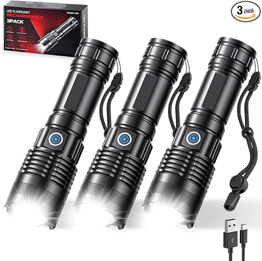 Rechargeable Flashlights High Lumens, 3 Pack Super Bright Tactical Flashlight With Adjustable Lighting Modes, Zoomable Handheld Led Flash Light For Camping Emergency Home Gift (Battery Included)