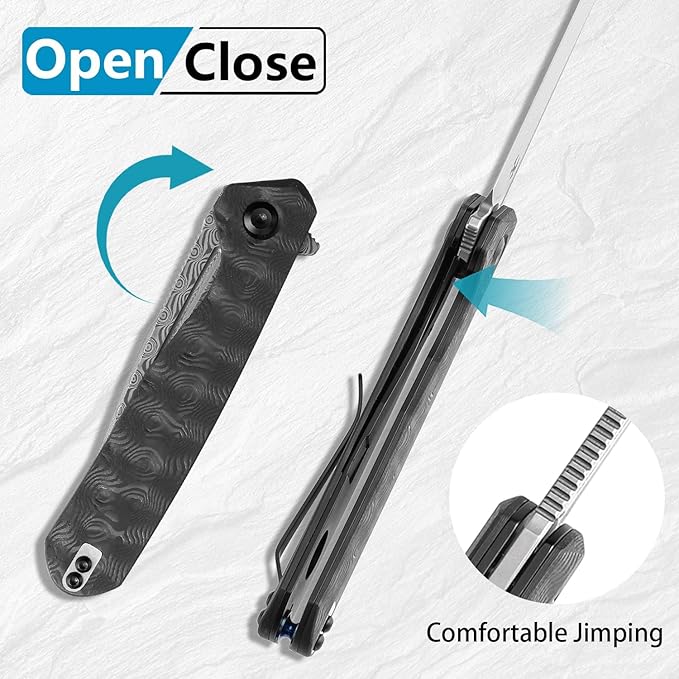 KANSEPT Qilin Pocket Knife,3.24'' Damascus Sharp Blade, Black Rose Carbon Fiber Handle for Edc, Flipper and Liner Lock with Double-Sided Clip, Men Camping Survival Folding Knives K1047A2