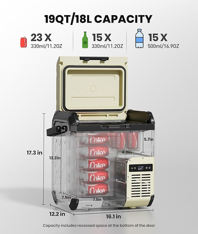 EENOUR D18 12 Volt Car Refrigerator, Portable Freezer 19Qt/18L Battery & Solar Powered Cooler 25W, -4~50℉, 12/24V DC, 110~240V AC, Electric Cooler Ideal for Road Trips, Camping (Battery Not Included)