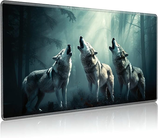 Playmat for MTG, 24 x 14 inches Game Play Mat for MTG TCG and Other Card Games, Trading Card Game Play Mat Desk Mats with Stitched Edges Non-Slip Base, Three Wolfs