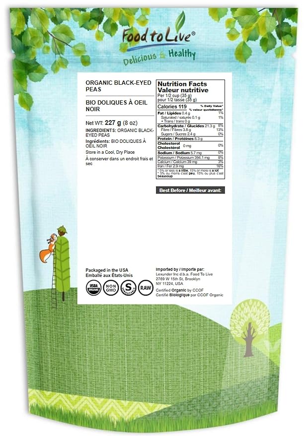 Food to Live Organic Black-Eyed Peas, 8 Ounces ??Raw Dried Cow Peas, Non-GMO, Bulk Beans, Product of the USA