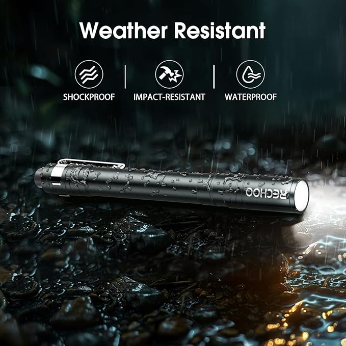 RECHOO LED Pen Light 4 Pack, Lightweight, Small Bright Pen Flashlight with Clip, Waterproof Portable Pocket Flashlight for Home, Emergencies, Inspection, Grey (Battery Included)