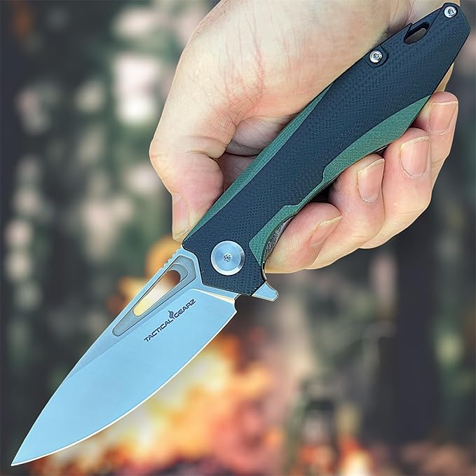 TACTICAL GEARZ Pocket Folding Knife for EDC, D2 Steel Blade, Dual Color G10 Handle, Includes Sheath (Kuma Green/Black)