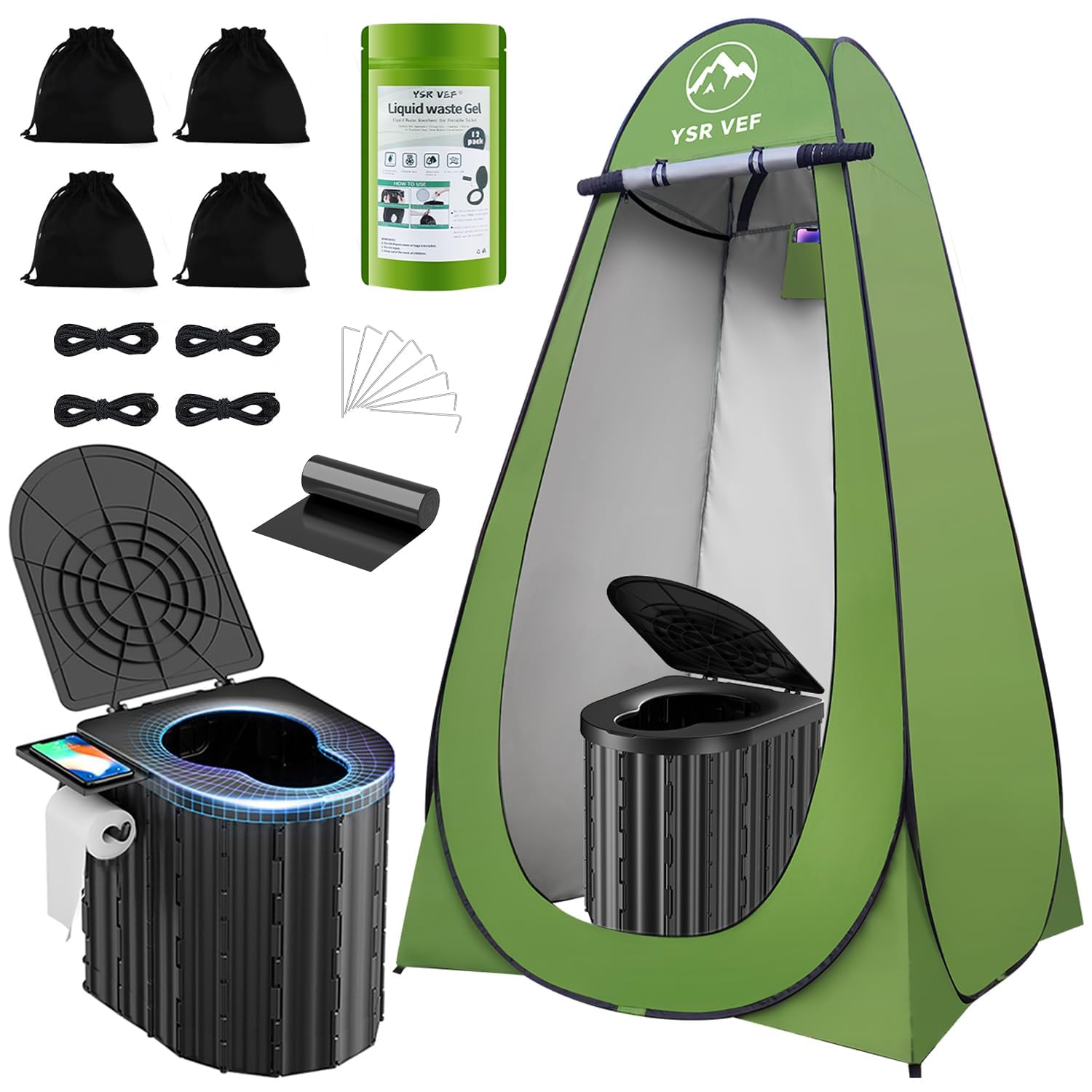 Camping Toilet with Pop-Up Privacy Tent and Liquid Waste Gel, Portable Toilet for Camping with